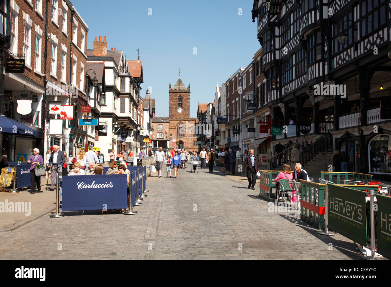 Bridge Street with pavement cafe`s in Chester Cheshire UK Stock Photo